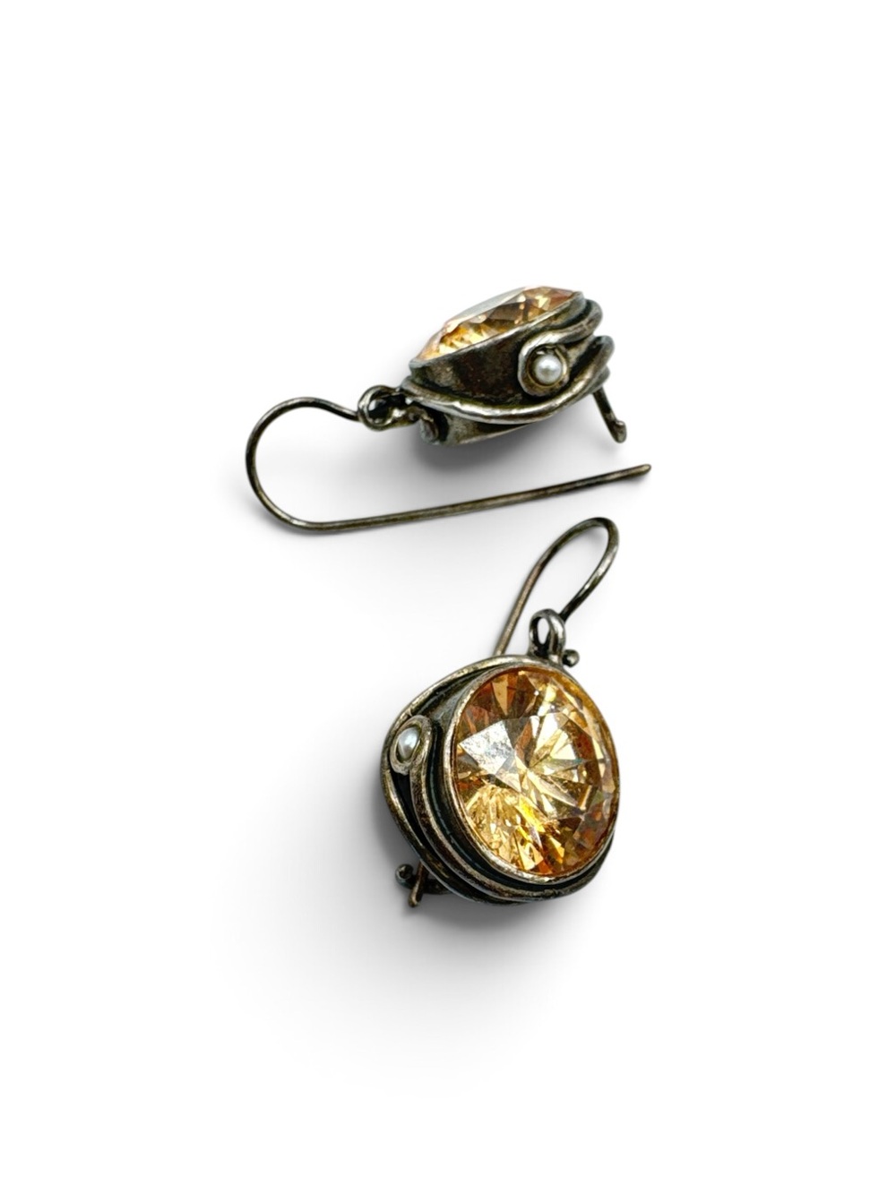 Vintage Sterling Silver Champagne CZ Pearl Accent Dangle Earrings
